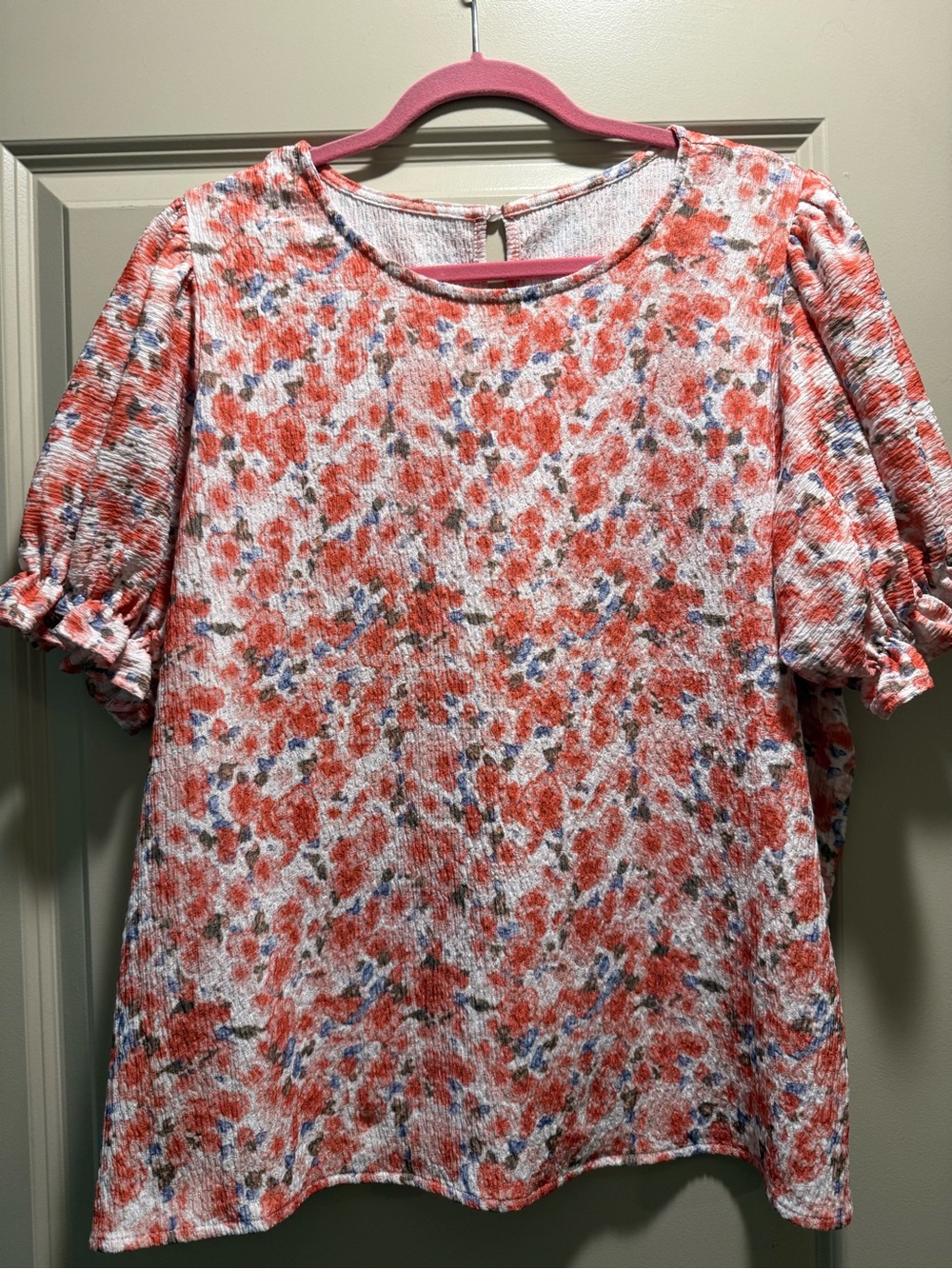 XL Coral Blue Floral Crinkle Ruffle Puff Sleeve Blouse